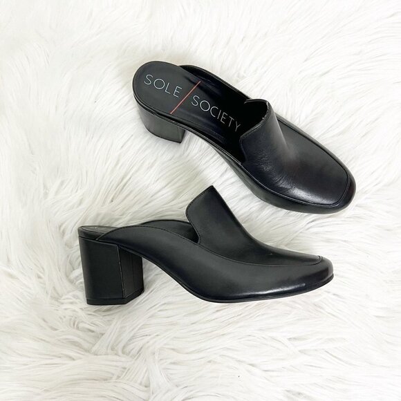 Sole Society Womens 6 Black Leather Carlotta Chunky Heel Mules Slip On - Picture 1 of 7